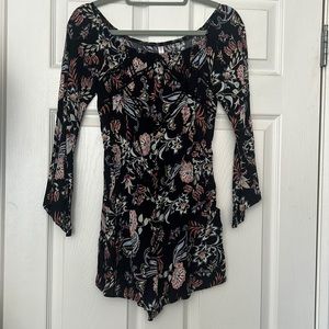 Black floral, long sleeve off the shoulder romper